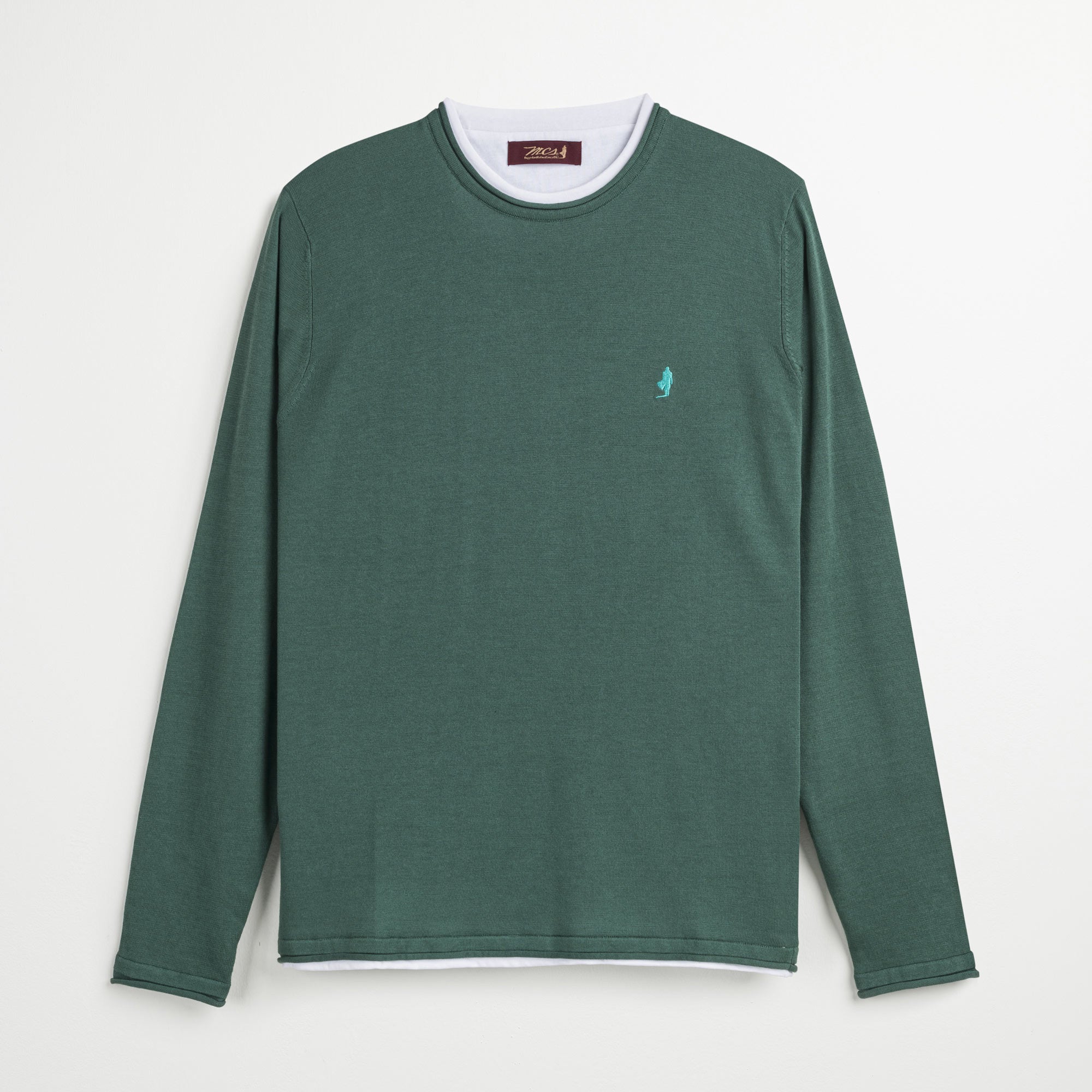 Maglia Girocollo 100% Cotone con Dettagli in Jersey - Pine Green