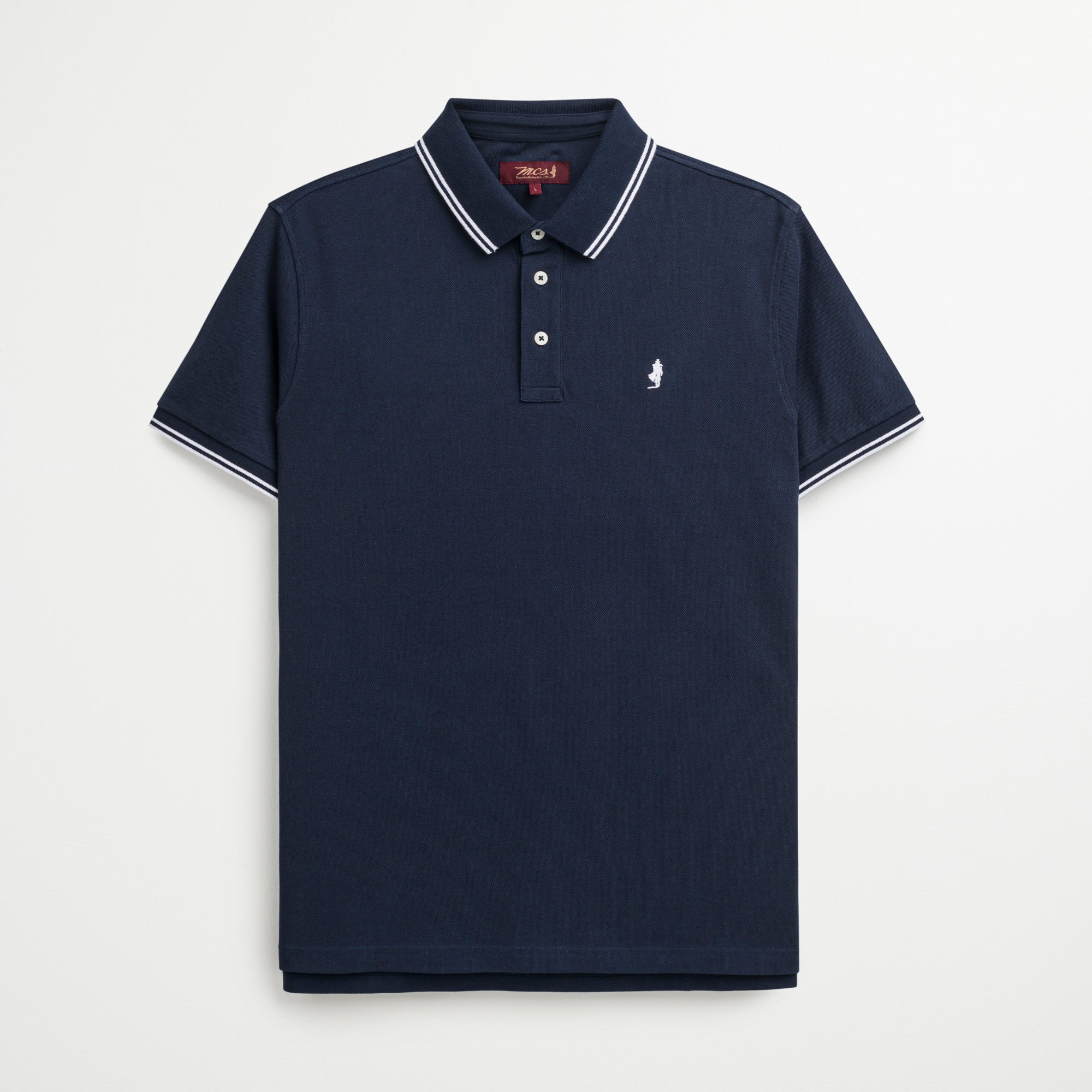 Polo 100% Cotone Piquet con Collo e Polsi a Righe - Navy Blazer