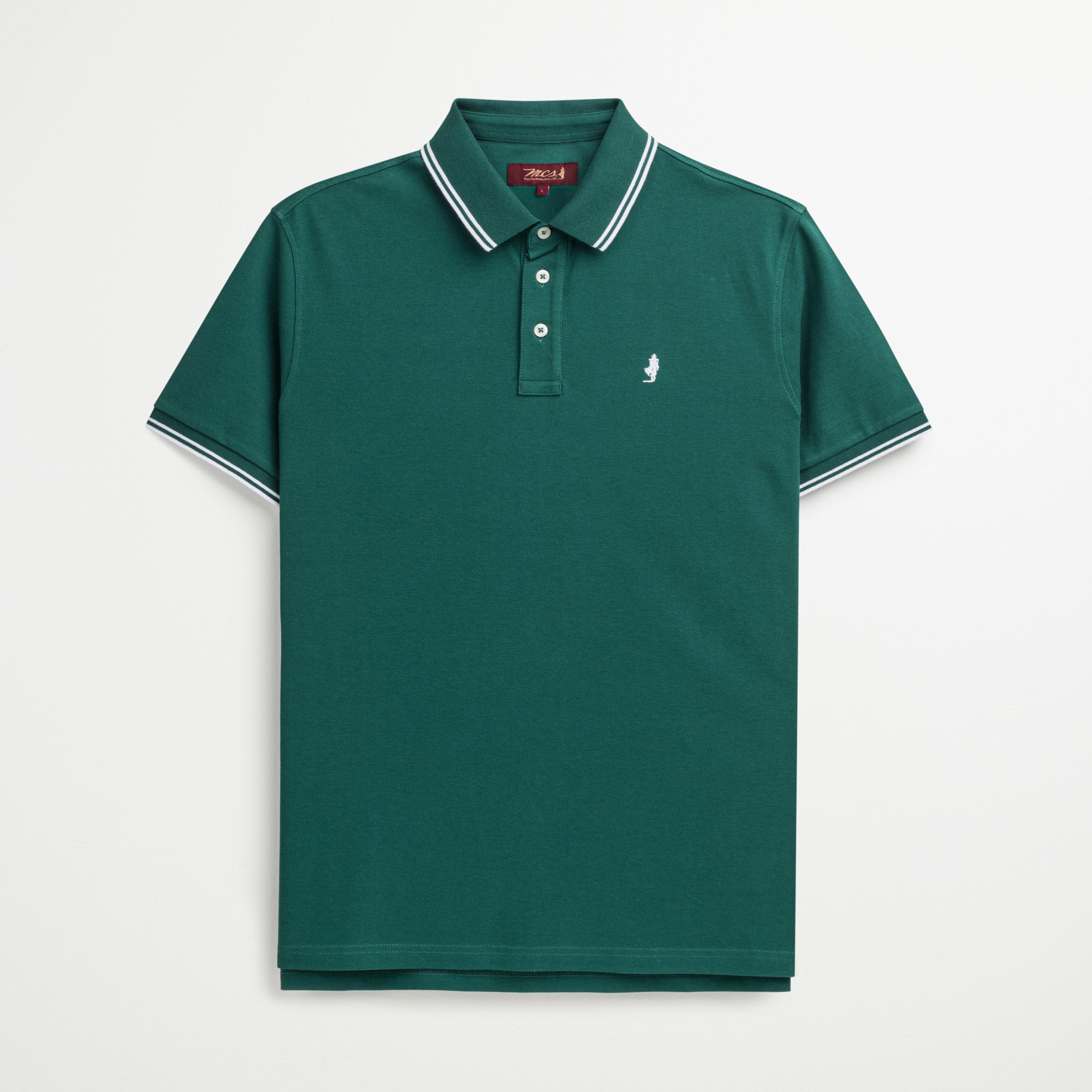 Polo 100% Cotone Piquet con Collo e Polsi a Righe - Pine Green